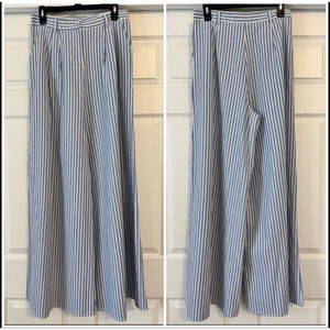 NWOT Women's Pleated Front Wide Leg Pants L Blue White Stripe 100% Cotton
